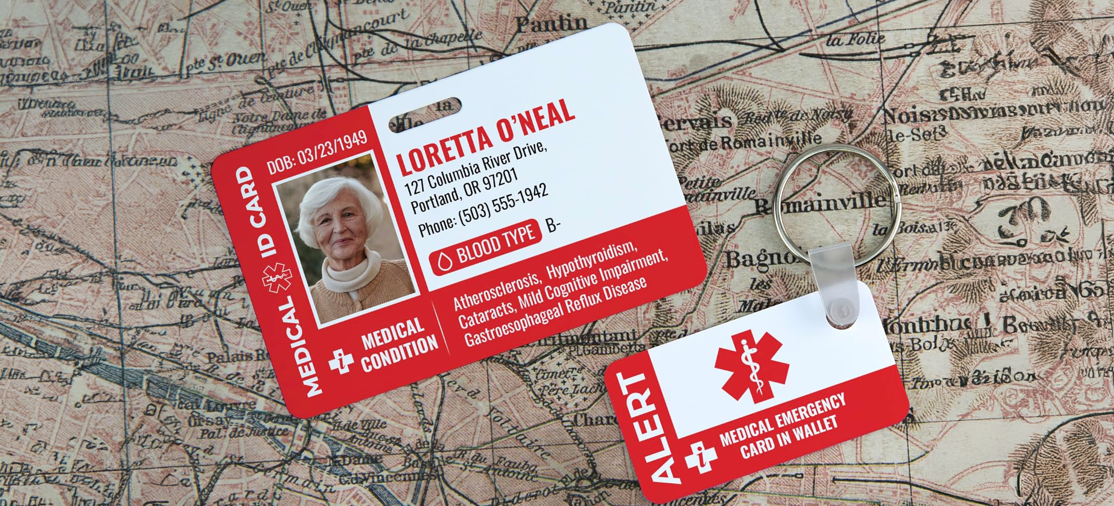 Medical ID card with photo, personal health information, and emergency keychain alert on vintage map background
