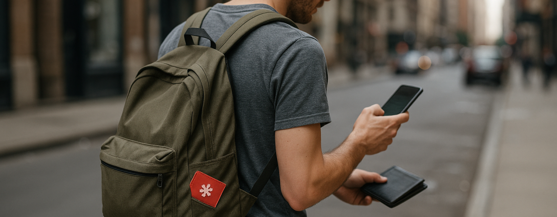 Man walking in the city wearing a backpack with a red medical ID patch featuring a white asterisk symbol