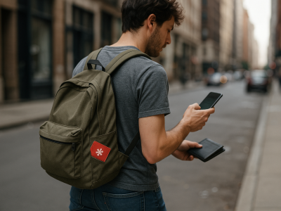 Man walking in the city wearing a backpack with a red medical ID patch featuring a white asterisk symbol