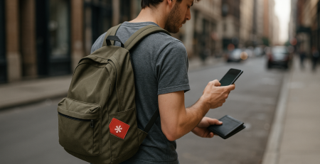 Man walking in the city wearing a backpack with a red medical ID patch featuring a white asterisk symbol