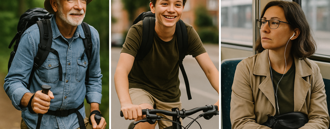 Senior hiker, teenage cyclist, and woman on public transport representing people who benefit from medical ID cards