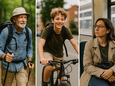 Senior hiker, teenage cyclist, and woman on public transport representing people who benefit from medical ID cards