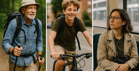 Senior hiker, teenage cyclist, and woman on public transport representing people who benefit from medical ID cards