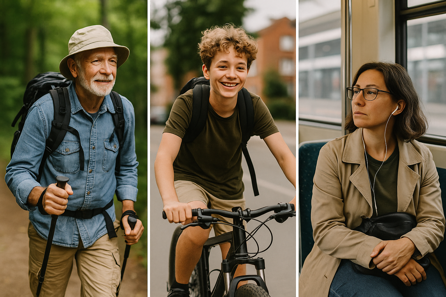 Senior hiker, teenage cyclist, and woman on public transport representing people who benefit from medical ID cards