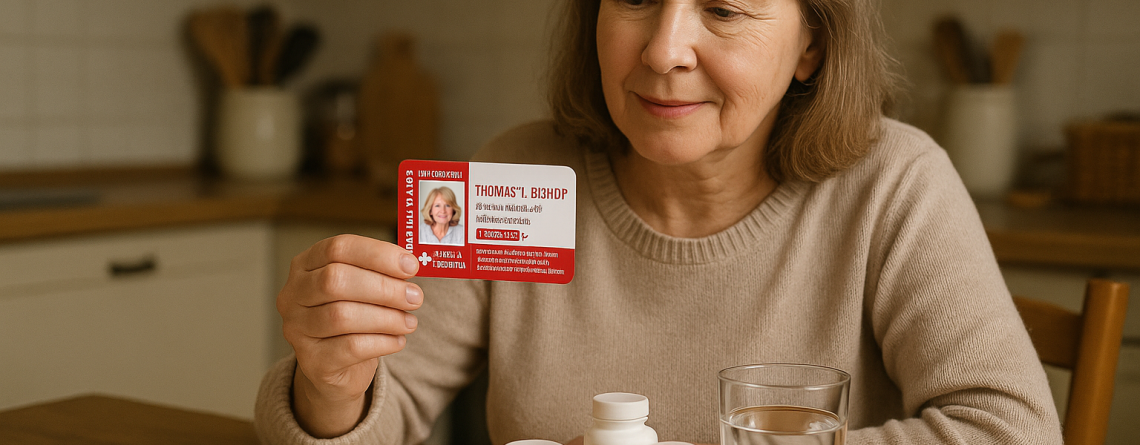 Senior woman sitting at a kitchen table holding a medical ID card next to her daily medications and a glass of water