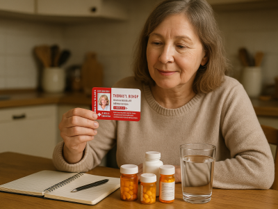 Senior woman sitting at a kitchen table holding a medical ID card next to her daily medications and a glass of water
