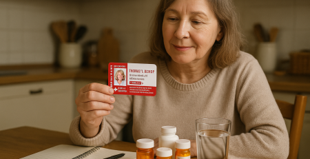 Senior woman sitting at a kitchen table holding a medical ID card next to her daily medications and a glass of water