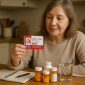 Senior woman sitting at a kitchen table holding a medical ID card next to her daily medications and a glass of water