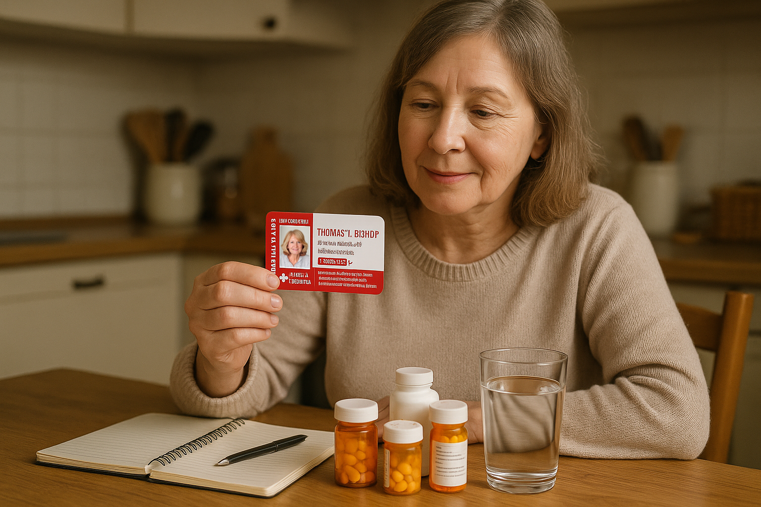 Senior woman sitting at a kitchen table holding a medical ID card next to her daily medications and a glass of water