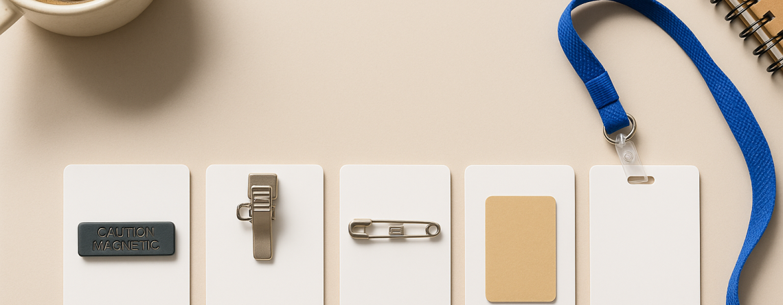 Various name tag backing options including magnet, clip, pin, adhesive, and lanyard, displayed on a neutral background with coffee and notebook.