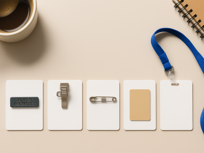Various name tag backing options including magnet, clip, pin, adhesive, and lanyard, displayed on a neutral background with coffee and notebook.