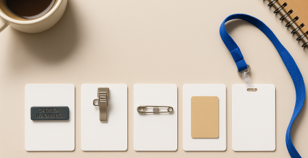 Various name tag backing options including magnet, clip, pin, adhesive, and lanyard, displayed on a neutral background with coffee and notebook.