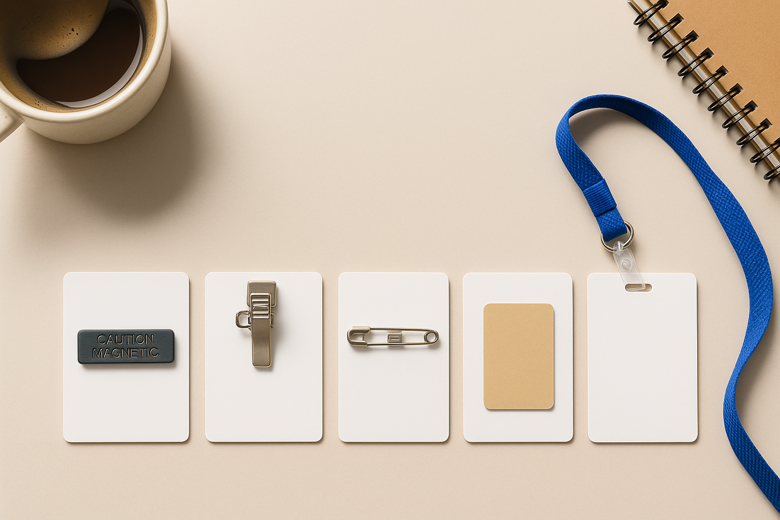 Various name tag backing options including magnet, clip, pin, adhesive, and lanyard, displayed on a neutral background with coffee and notebook.