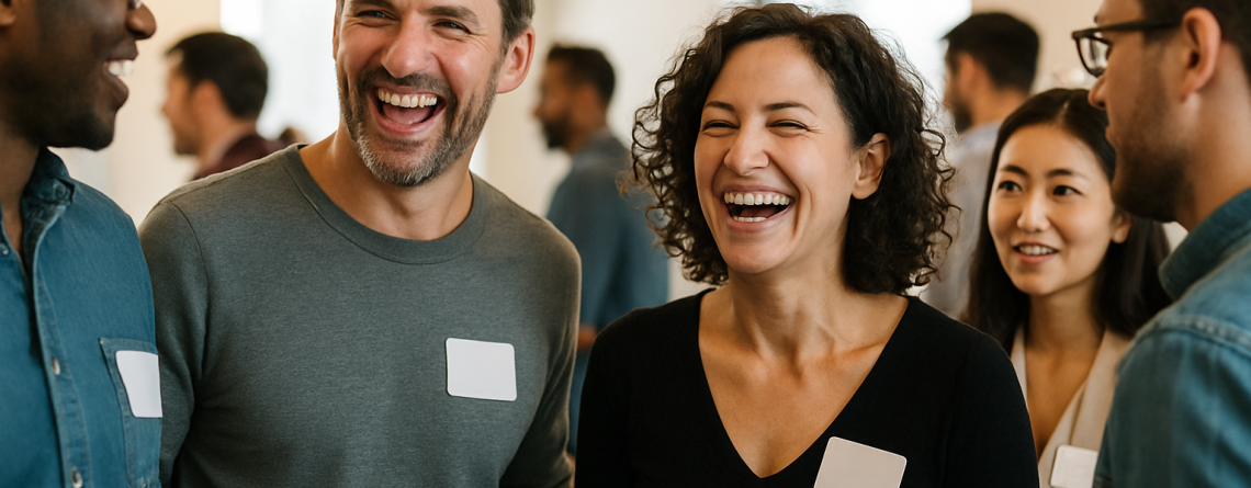 Group of smiling professionals wearing blank name tags while networking at a lively indoor event.