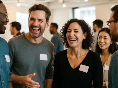 Group of smiling professionals wearing blank name tags while networking at a lively indoor event.