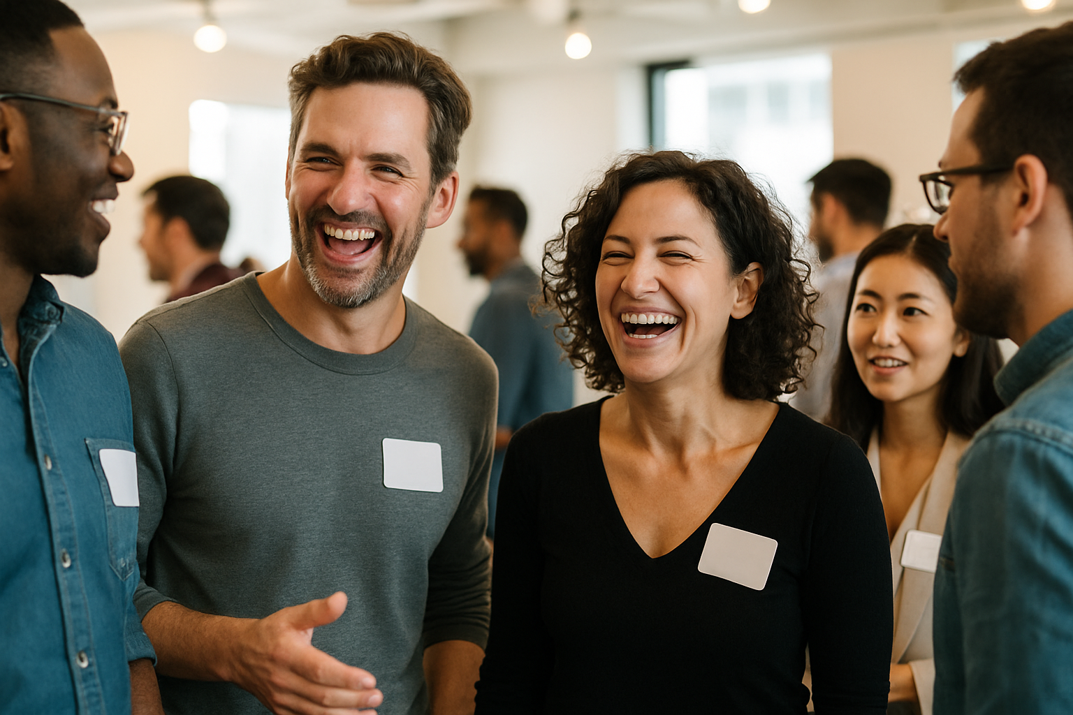 Group of smiling professionals wearing blank name tags while networking at a lively indoor event.