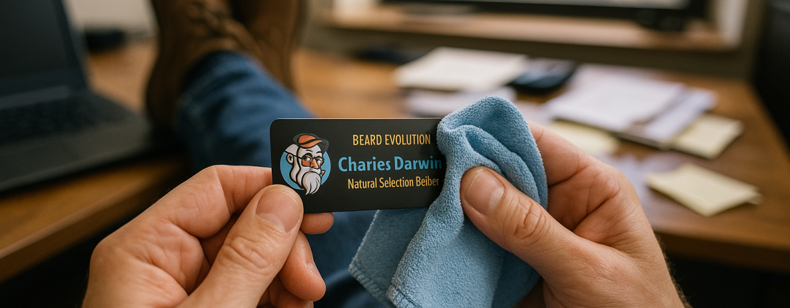 Person gently wiping a custom name tag with a soft cloth at a desk, demonstrating easy maintenance and durability.