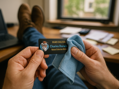 Person gently wiping a custom name tag with a soft cloth at a desk, demonstrating easy maintenance and durability.