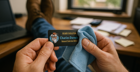Person gently wiping a custom name tag with a soft cloth at a desk, demonstrating easy maintenance and durability.