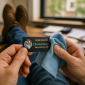 Person gently wiping a custom name tag with a soft cloth at a desk, demonstrating easy maintenance and durability.