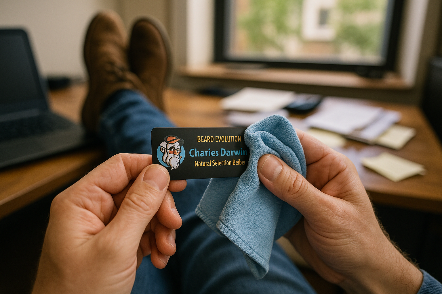 Person gently wiping a custom name tag with a soft cloth at a desk, demonstrating easy maintenance and durability.