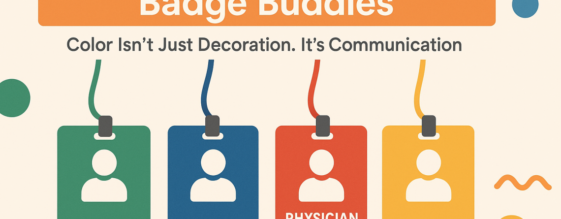 Color-coded Badge Buddies labeled Nurse (green), Doctor (blue), Physician Assistant (red), and Administration (orange), showcasing how color defines role visibility