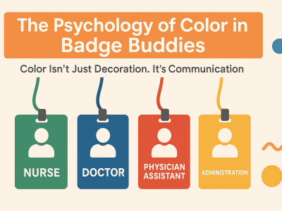 Color-coded Badge Buddies labeled Nurse (green), Doctor (blue), Physician Assistant (red), and Administration (orange), showcasing how color defines role visibility