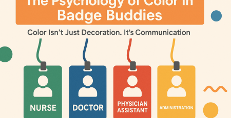 Color-coded Badge Buddies labeled Nurse (green), Doctor (blue), Physician Assistant (red), and Administration (orange), showcasing how color defines role visibility