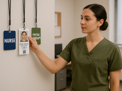 Healthcare worker selecting between vertical Badge Buddies labeled NURSE, PHYSIC THERAPY, and a vertical ID badge with photo