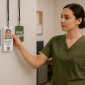 Healthcare worker selecting between vertical Badge Buddies labeled NURSE, PHYSIC THERAPY, and a vertical ID badge with photo