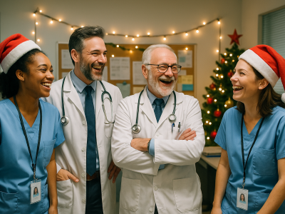 Healthcare team wearing festive Santa hats and visible ID badges, smiling together in a decorated hospital office during the holidays
