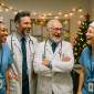 Healthcare team wearing festive Santa hats and visible ID badges, smiling together in a decorated hospital office during the holidays