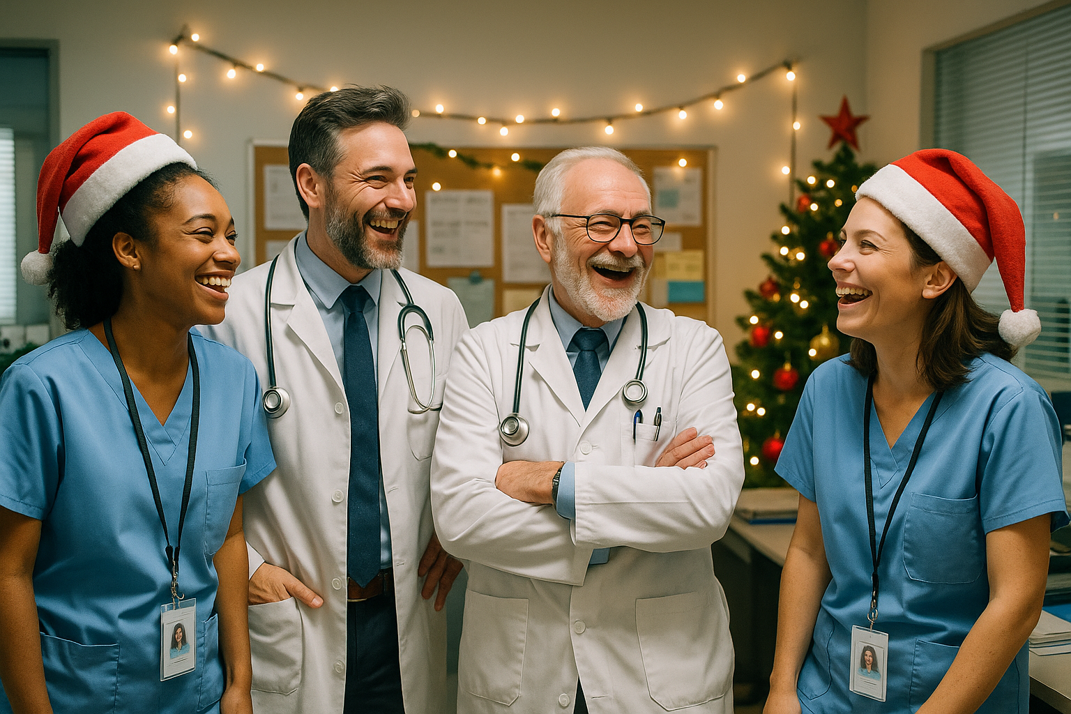 Healthcare team wearing festive Santa hats and visible ID badges, smiling together in a decorated hospital office during the holidays