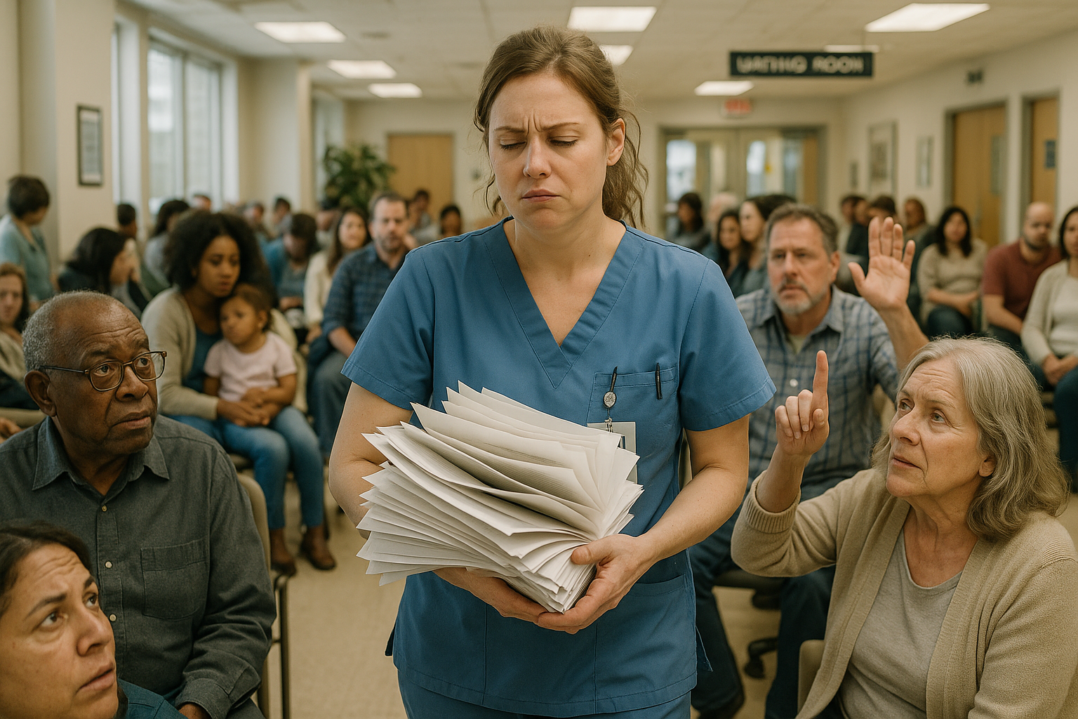 Overwhelmed nurse holding a stack of paperwork in a crowded hospital waiting room