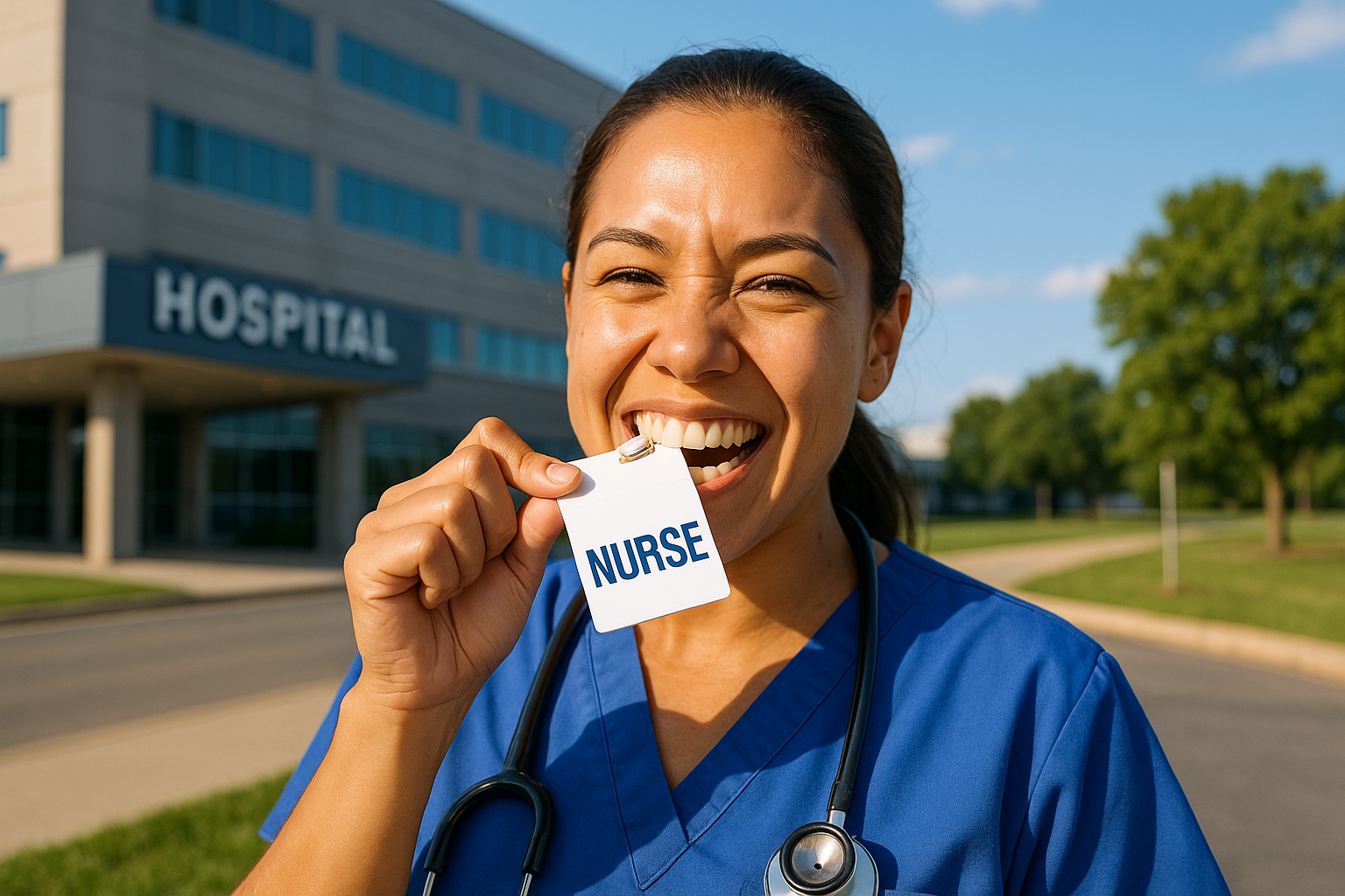 Smiling nurse in blue scrubs proudly holding up a Nurse Badge Buddy outside a hospital