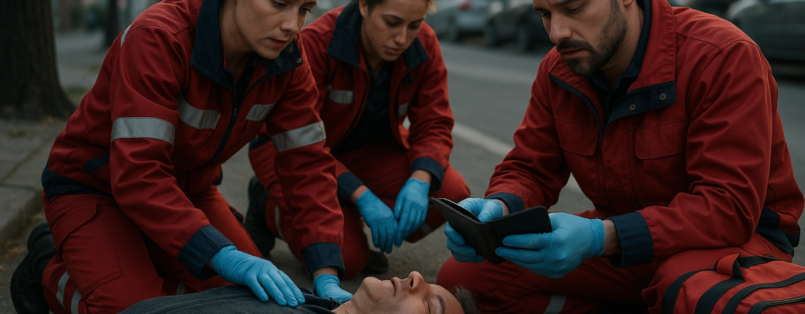 Emergency medical responders treating an unconscious man on the street while checking his wallet for medical ID