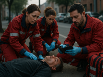 Emergency medical responders treating an unconscious man on the street while checking his wallet for medical ID