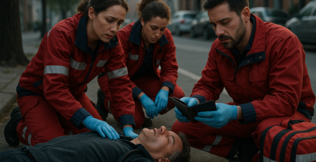 Emergency medical responders treating an unconscious man on the street while checking his wallet for medical ID