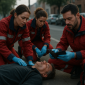 Emergency medical responders treating an unconscious man on the street while checking his wallet for medical ID