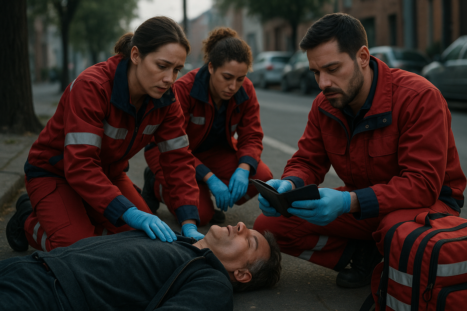 Emergency medical responders treating an unconscious man on the street while checking his wallet for medical ID