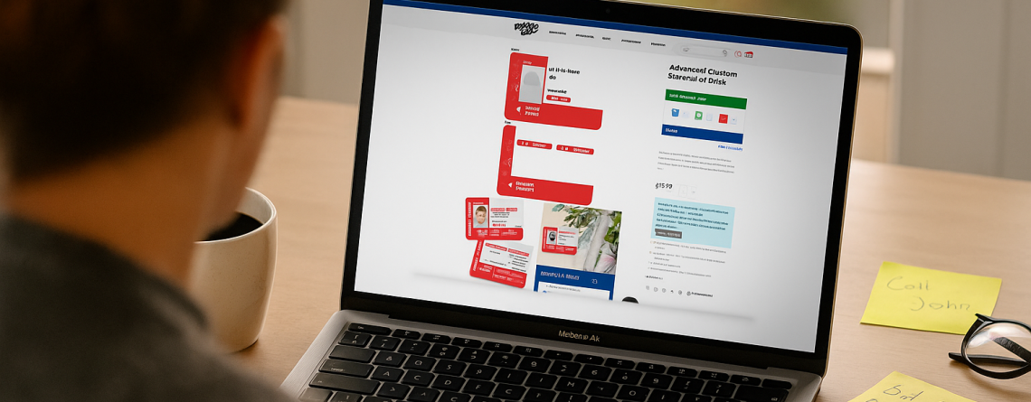 Person browsing the BadgeZoo website customizing a red Medical ID Card on a laptop screen