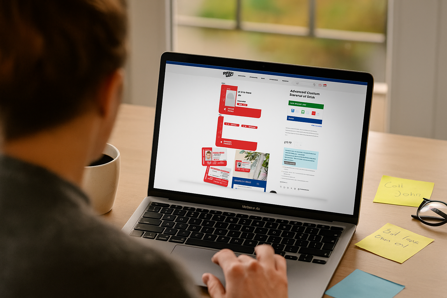 Person browsing the BadgeZoo website customizing a red Medical ID Card on a laptop screen