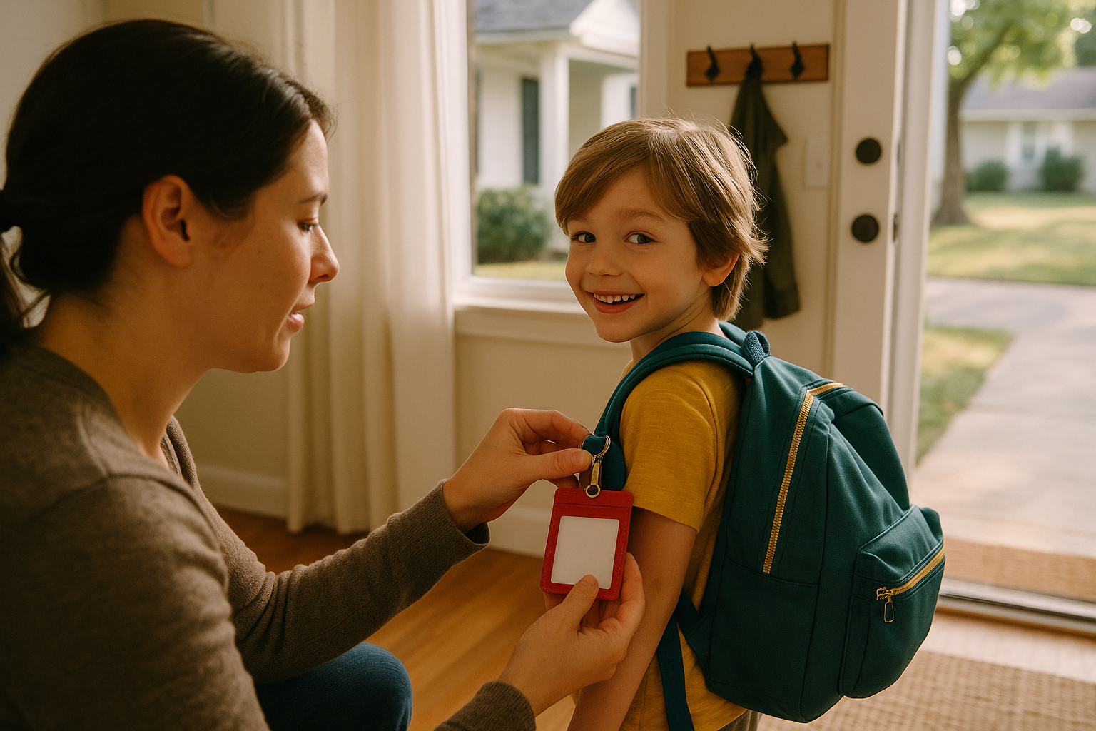 Smiling child wearing a backpack while mom attaches a red Medical ID Card at home