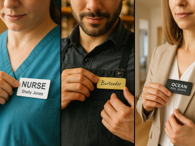 Three professionals—a nurse, a bartender, and a realtor—each adjusting their personalized name tag on their uniform.