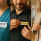 Three professionals—a nurse, a bartender, and a realtor—each adjusting their personalized name tag on their uniform.
