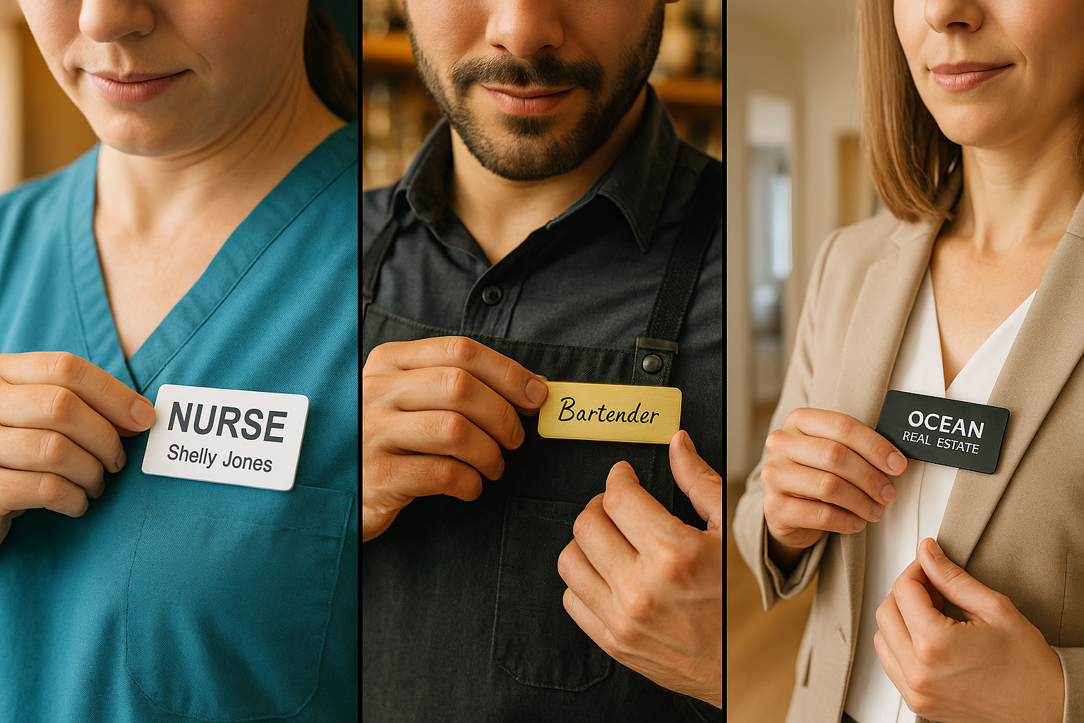 Three professionals—a nurse, a bartender, and a realtor—each adjusting their personalized name tag on their uniform.