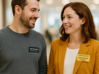 Two professionals wearing different size name tags — a sleek black 1"x3" tag and a bold yellow 1.5"x3" tag — smiling in conversation.