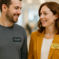 Two professionals wearing different size name tags — a sleek black 1"x3" tag and a bold yellow 1.5"x3" tag — smiling in conversation.
