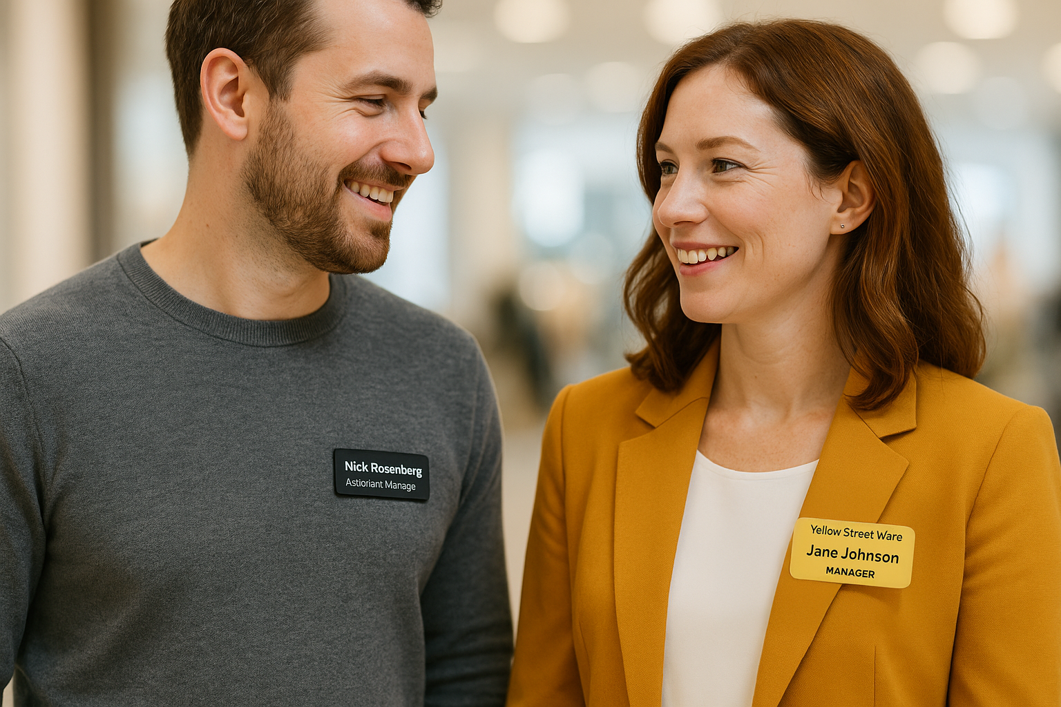 Two professionals wearing different size name tags — a sleek black 1"x3" tag and a bold yellow 1.5"x3" tag — smiling in conversation.