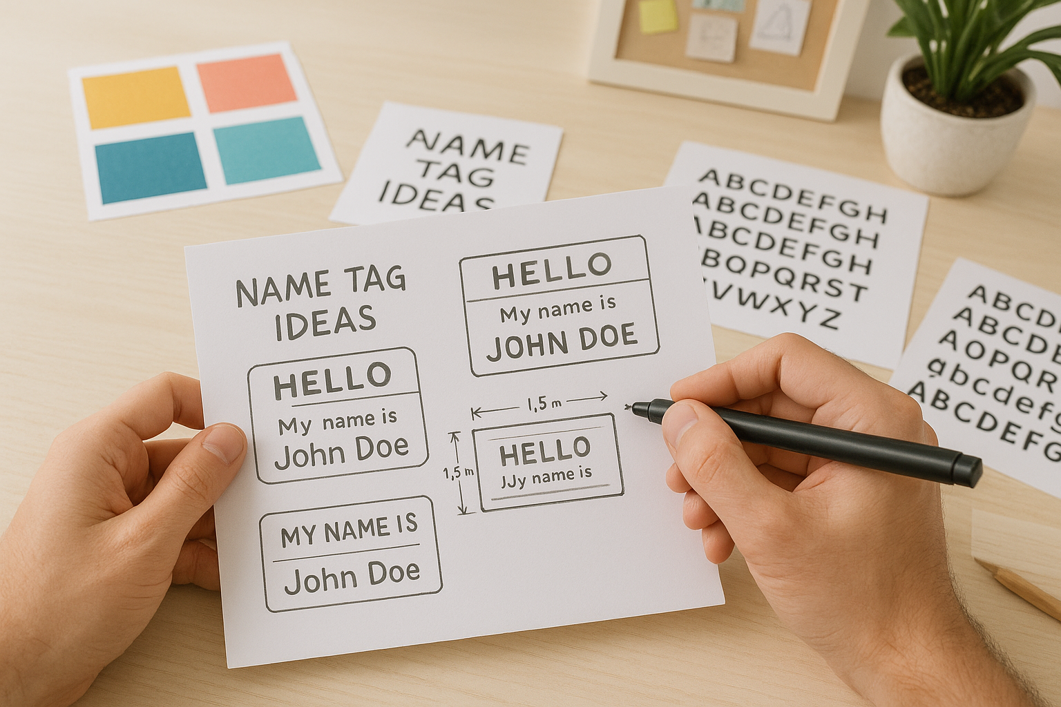 Person sketching out name tag design ideas with font samples, layout guides, and bold lettering options.